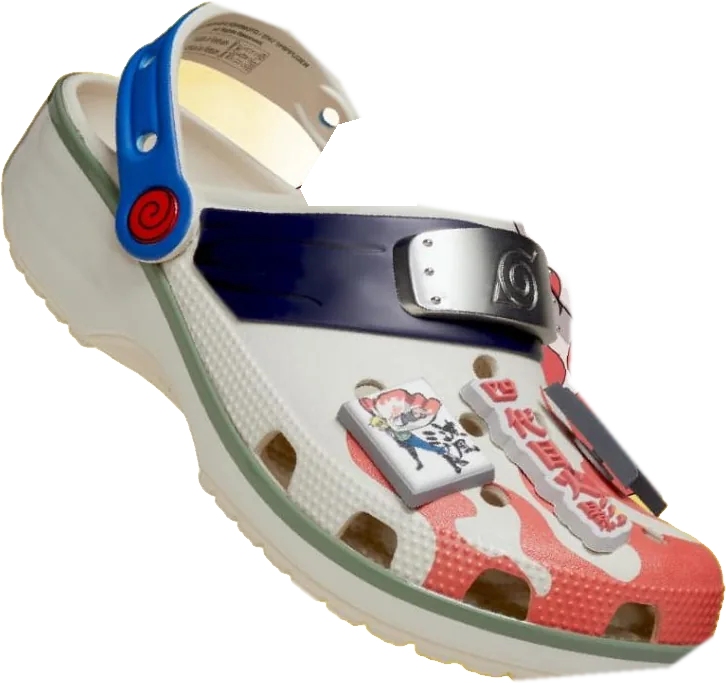 Crocs Naruto Shippuden modèle Minato : sabot crème, flammes rouges et bride bleu roi