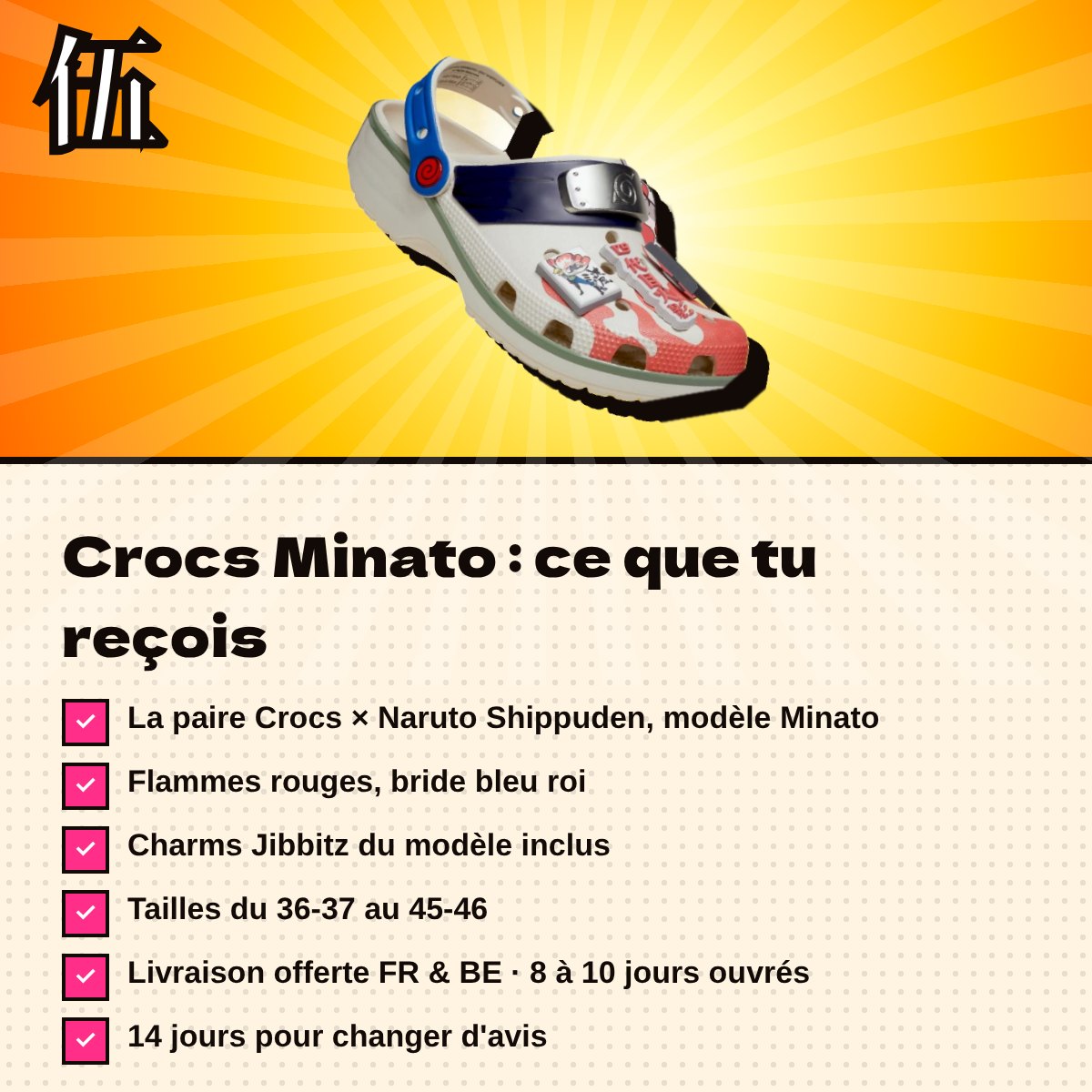 Crocs Minato : ce que tu reçois, charms Jibbitz inclus, livraison offerte