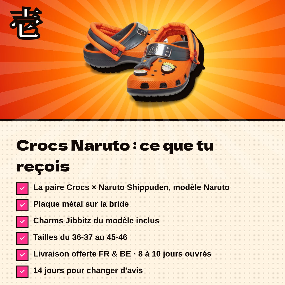 Crocs Naruto : ce que tu reçois, charms Jibbitz inclus, livraison offerte